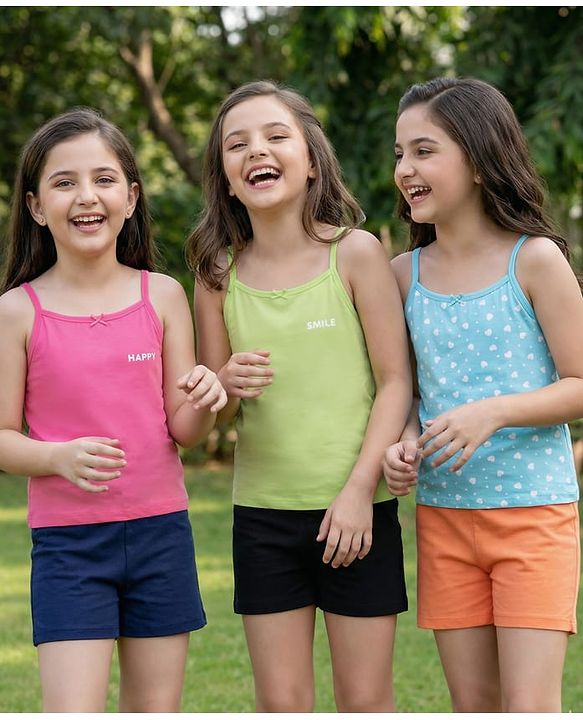 Pine Kids Cotton Knit Singlet Sleeves Slips with Hearts Print Pack of 3 (Colour May Vary)