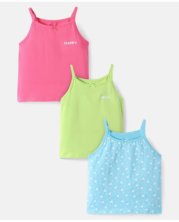 Pine Kids Cotton Knit Singlet Sleeves Slips with Hearts Print Pack of 3 (Colour May Vary)