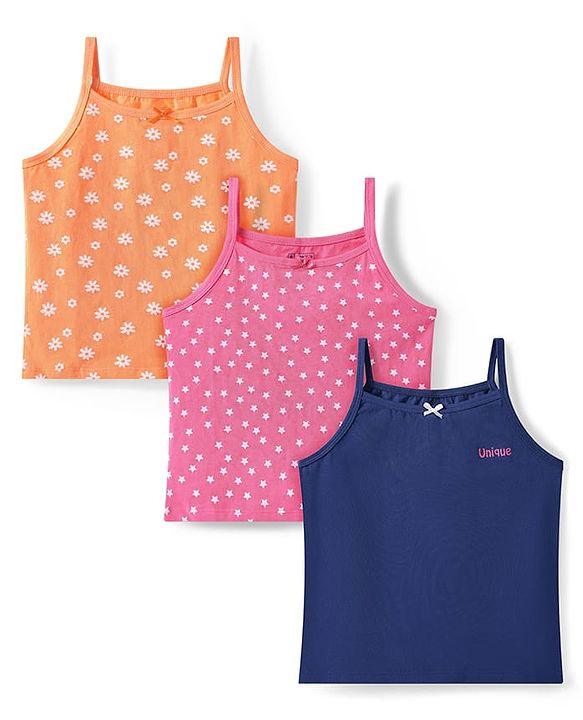 Pine Kids Cotton Lycra Knit Sleeveless Slips With Floral & Star Print Pack of 3 - Orange Pink & Navy Blue