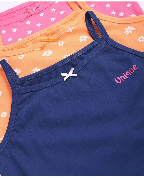 Pine Kids Cotton Lycra Knit Sleeveless Slips With Floral & Star Print Pack of 3 - Orange Pink & Navy Blue