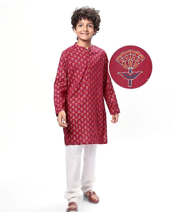 Pine Kids Woven Full Sleeves Kurta & Pajama Set Floral Foil Print - Dark Pink