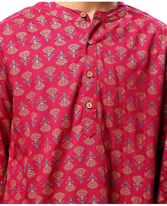 Pine Kids Woven Full Sleeves Kurta & Pajama Set Floral Foil Print - Dark Pink