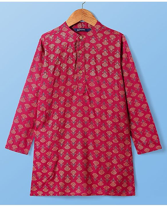 Pine Kids Woven Full Sleeves Kurta & Pajama Set Floral Foil Print - Dark Pink