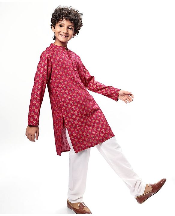 Pine Kids Woven Full Sleeves Kurta & Pajama Set Floral Foil Print - Dark Pink