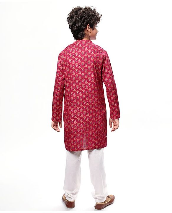 Pine Kids Woven Full Sleeves Kurta & Pajama Set Floral Foil Print - Dark Pink