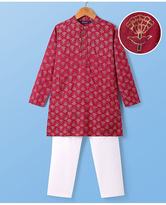 Pine Kids Woven Full Sleeves Kurta & Pajama Set Floral Foil Print - Dark Pink