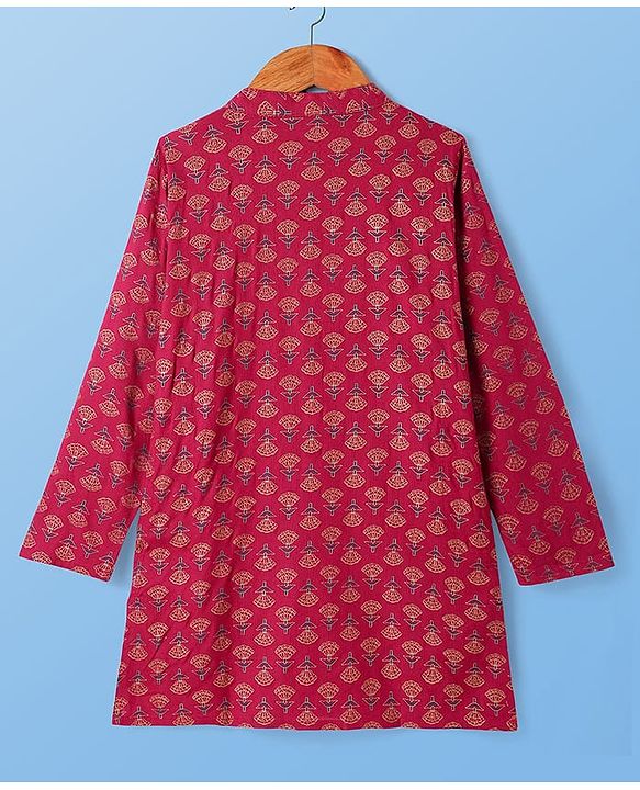 Pine Kids Woven Full Sleeves Kurta & Pajama Set Floral Foil Print - Dark Pink