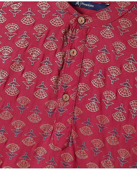 Pine Kids Woven Full Sleeves Kurta & Pajama Set Floral Foil Print - Dark Pink