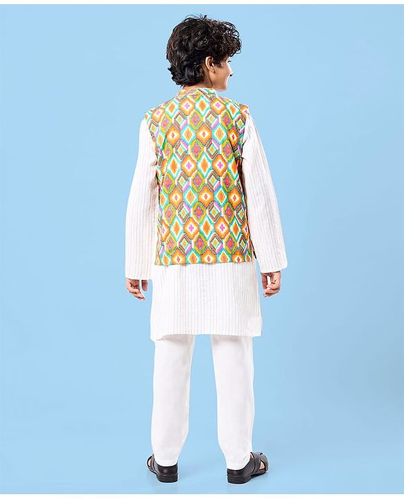 Pine Kids Cotton Woven Full Sleeves Striped Kurta Pyjama Set with Ikkat Print Jacket - White