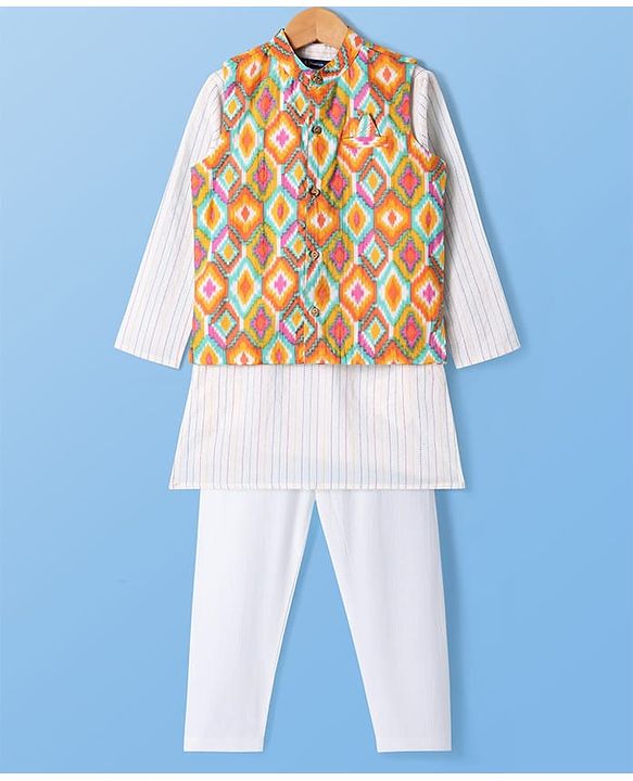Pine Kids Cotton Woven Full Sleeves Striped Kurta Pyjama Set with Ikkat Print Jacket - White