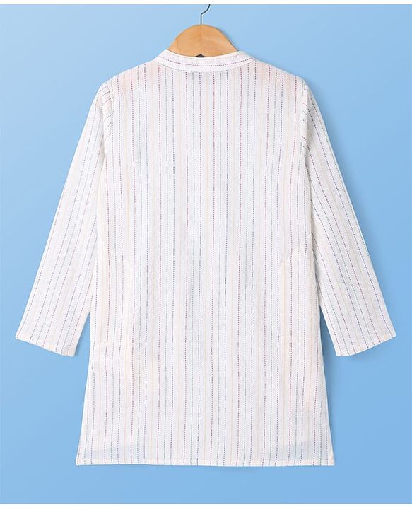Pine Kids Cotton Woven Full Sleeves Striped Kurta Pyjama Set with Ikkat Print Jacket - White