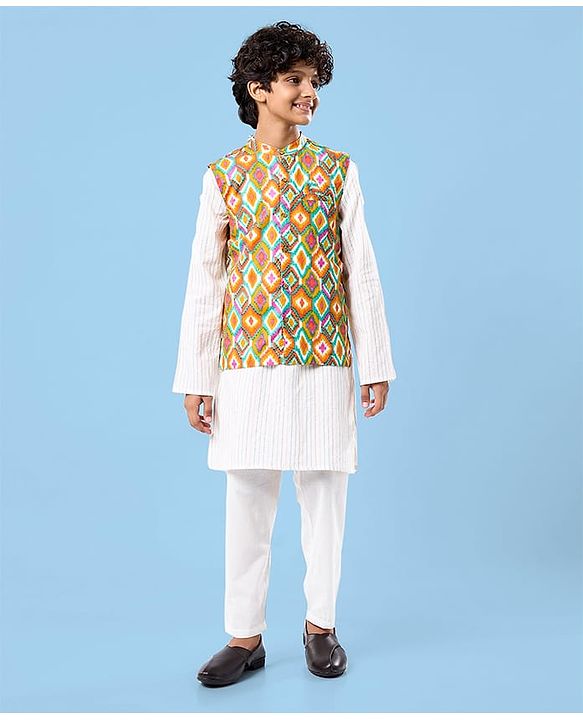Pine Kids Cotton Woven Full Sleeves Striped Kurta Pyjama Set with Ikkat Print Jacket - White