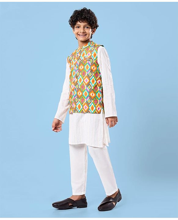 Pine Kids Cotton Woven Full Sleeves Striped Kurta Pyjama Set with Ikkat Print Jacket - White