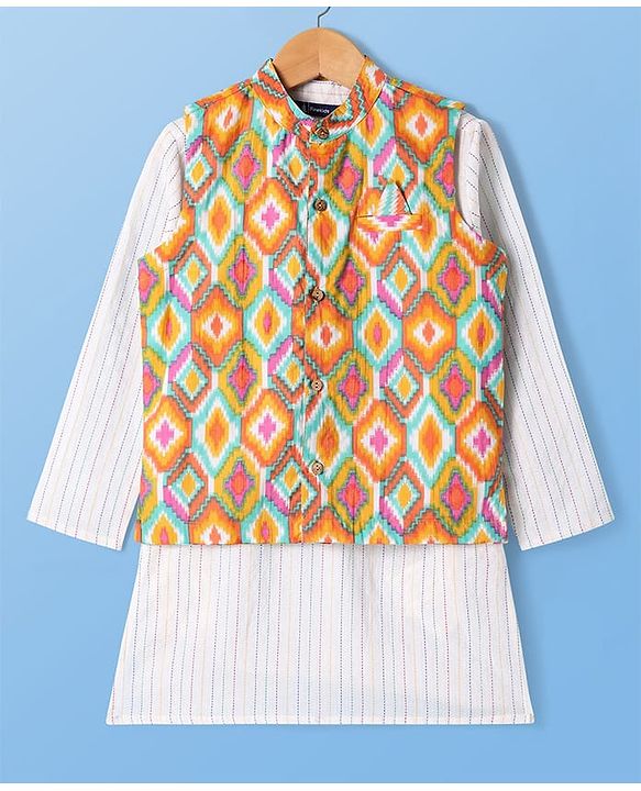 Pine Kids Cotton Woven Full Sleeves Striped Kurta Pyjama Set with Ikkat Print Jacket - White