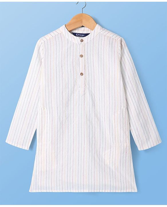 Pine Kids Cotton Woven Full Sleeves Striped Kurta Pyjama Set with Ikkat Print Jacket - White