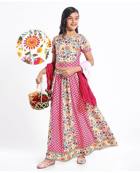 Pine Kids Cotton Woven Half Sleeves Choli Lehenga Set with Dupatta & Floral Print & Lace Detailing - Pink & White