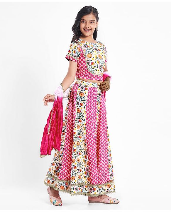 Pine Kids Cotton Woven Half Sleeves Choli Lehenga Set with Dupatta & Floral Print & Lace Detailing - Pink & White