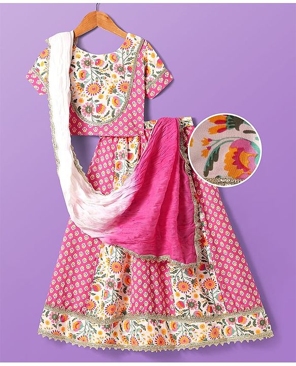 Pine Kids Cotton Woven Half Sleeves Choli Lehenga Set with Dupatta & Floral Print & Lace Detailing - Pink & White