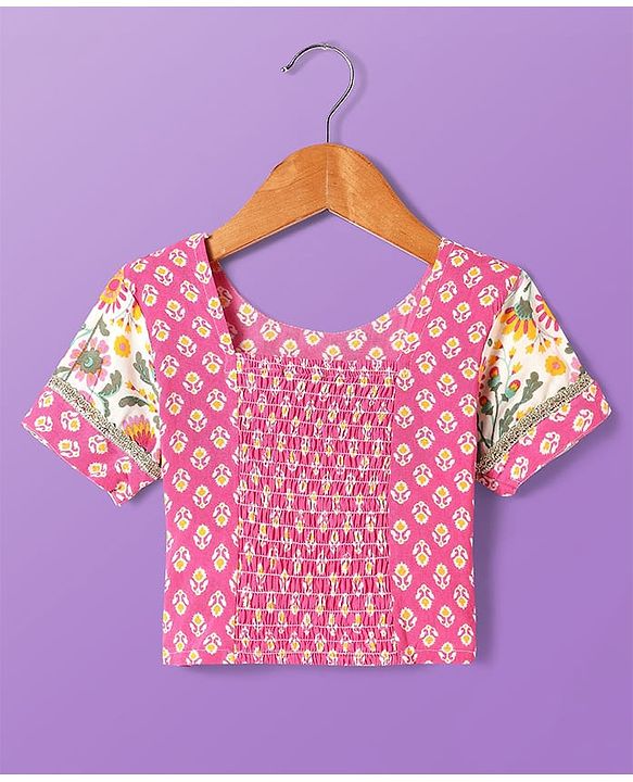 Pine Kids Cotton Woven Half Sleeves Choli Lehenga Set with Dupatta & Floral Print & Lace Detailing - Pink & White