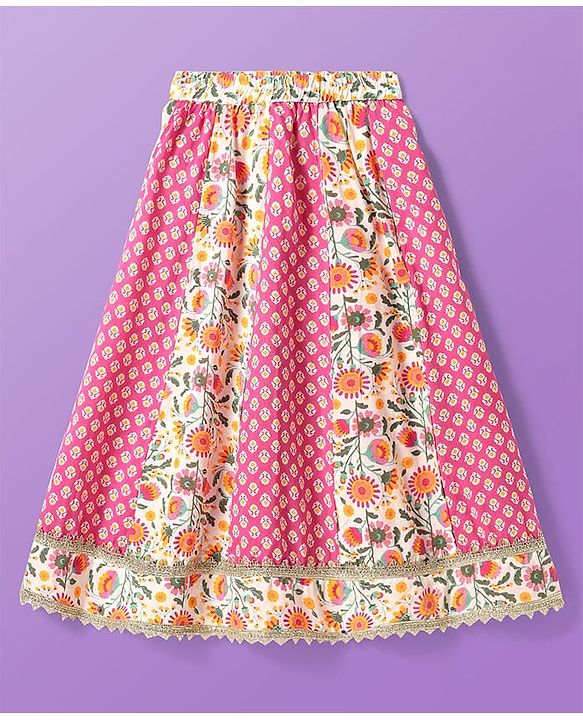Pine Kids Cotton Woven Half Sleeves Choli Lehenga Set with Dupatta & Floral Print & Lace Detailing - Pink & White