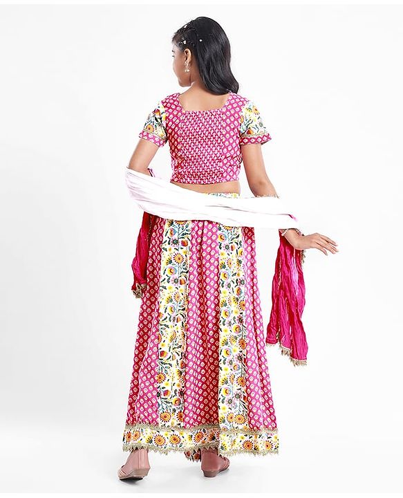 Pine Kids Cotton Woven Half Sleeves Choli Lehenga Set with Dupatta & Floral Print & Lace Detailing - Pink & White