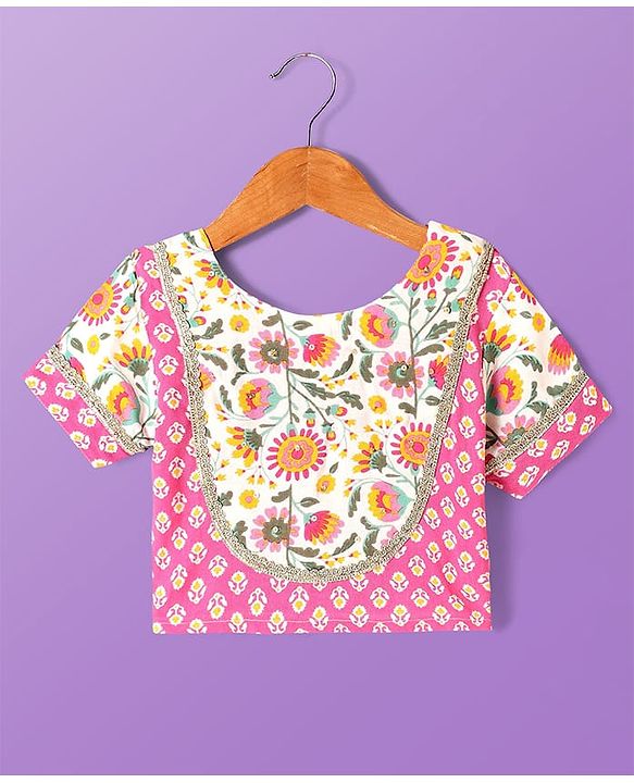 Pine Kids Cotton Woven Half Sleeves Choli Lehenga Set with Dupatta & Floral Print & Lace Detailing - Pink & White