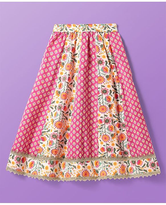 Pine Kids Cotton Woven Half Sleeves Choli Lehenga Set with Dupatta & Floral Print & Lace Detailing - Pink & White