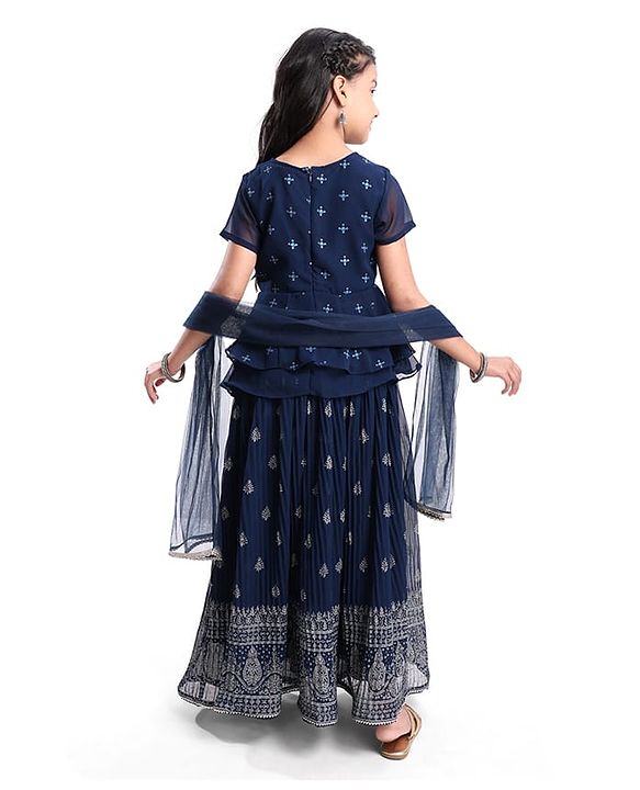 Pine Kids Woven Half Sleeves Choli Lahenga & Dupatta Set with Floral  Embroidery & Foil Print- Navy