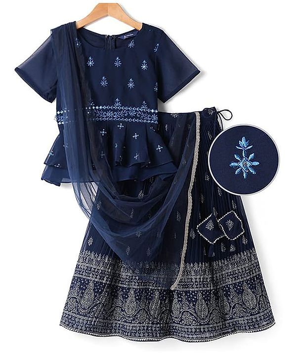 Pine Kids Woven Half Sleeves Choli Lahenga & Dupatta Set with Floral  Embroidery & Foil Print- Navy