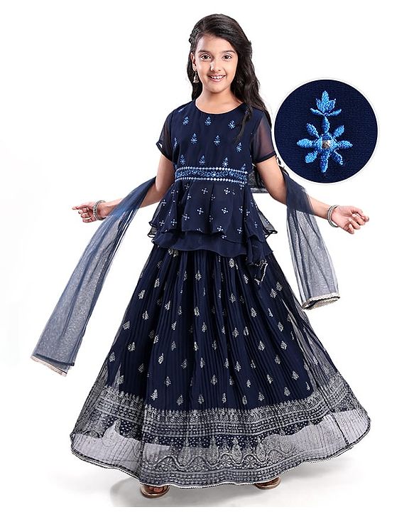 Pine Kids Woven Half Sleeves Choli Lahenga & Dupatta Set with Floral  Embroidery & Foil Print- Navy