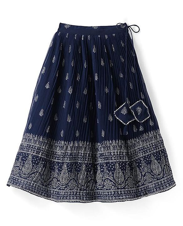 Pine Kids Woven Half Sleeves Choli Lahenga & Dupatta Set with Floral  Embroidery & Foil Print- Navy