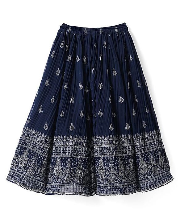 Pine Kids Woven Half Sleeves Choli Lahenga & Dupatta Set with Floral  Embroidery & Foil Print- Navy