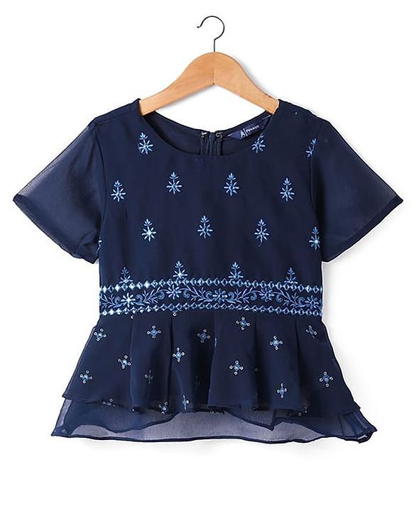 Pine Kids Woven Half Sleeves Choli Lahenga & Dupatta Set with Floral  Embroidery & Foil Print- Navy