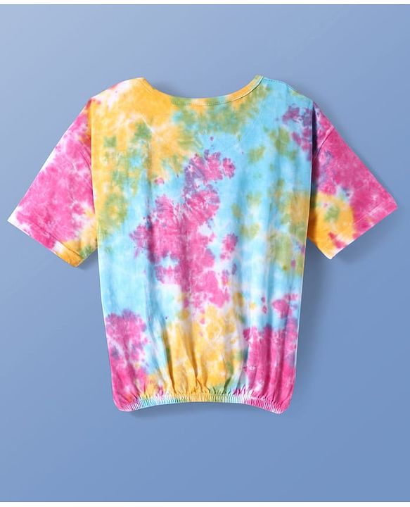 Pine Kids Cotton Knit Half Sleeves Drop Shoulder Top with Rainbow Print - Pink Blue & Yellow