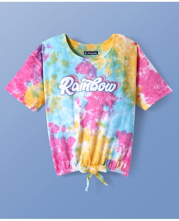 Pine Kids Cotton Knit Half Sleeves Drop Shoulder Top with Rainbow Print - Pink Blue & Yellow
