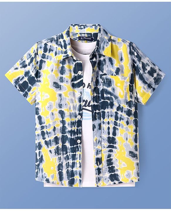 Pine Kids Viscose Woven Half Sleeves Tie & Dye Print Shirt with Sleeveless Inner T-Shirt - Yellow & White