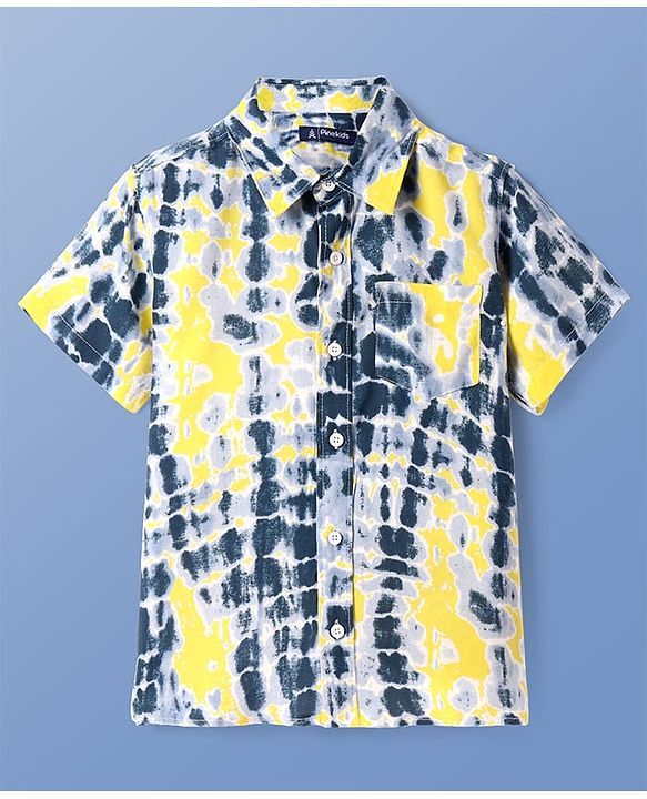 Pine Kids Viscose Woven Half Sleeves Tie & Dye Print Shirt with Sleeveless Inner T-Shirt - Yellow & White