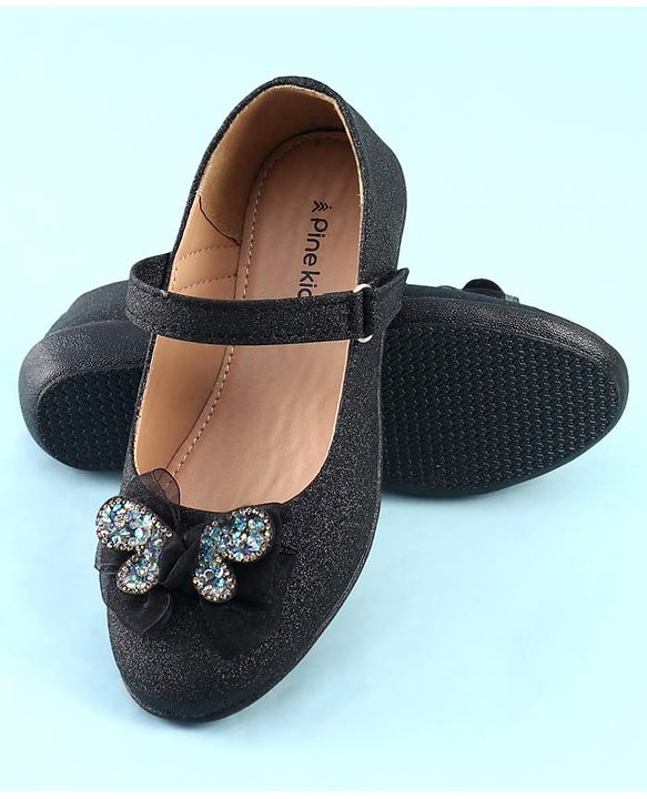 Pine Kids Ballerina with Velcro Closure & Butterfly Applique - Black