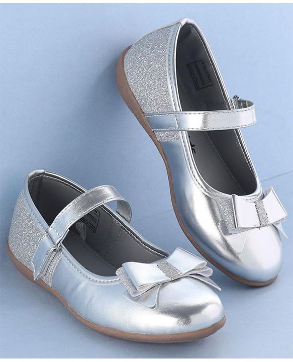 Pine Kids Ballerinas with Velcro Closure & Bow Applique - Silver
