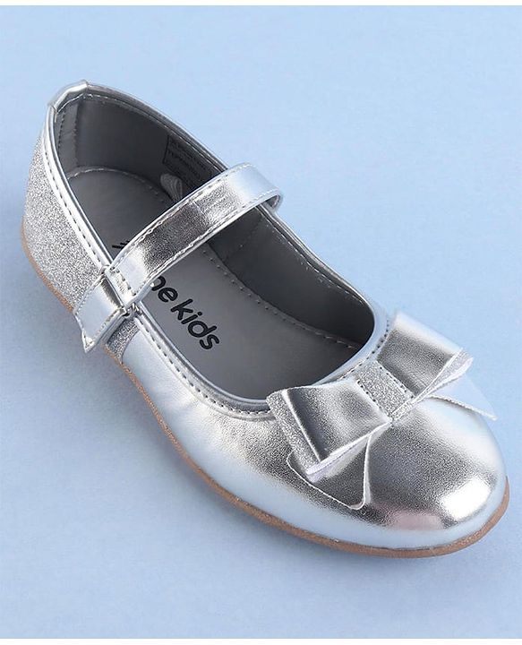 Pine Kids Ballerinas with Velcro Closure & Bow Applique - Silver