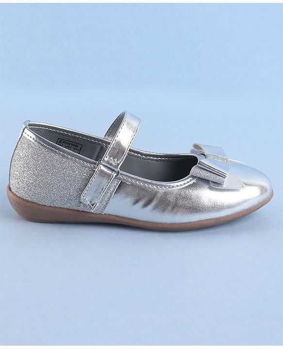 Pine Kids Ballerinas with Velcro Closure & Bow Applique - Silver