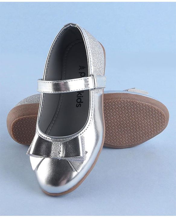 Pine Kids Ballerinas with Velcro Closure & Bow Applique - Silver