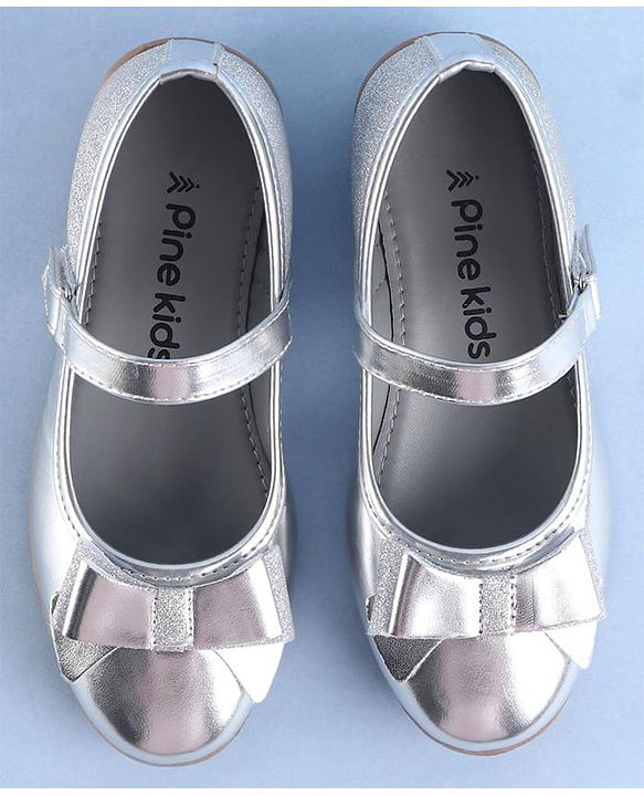 Pine Kids Ballerinas with Velcro Closure & Bow Applique - Silver