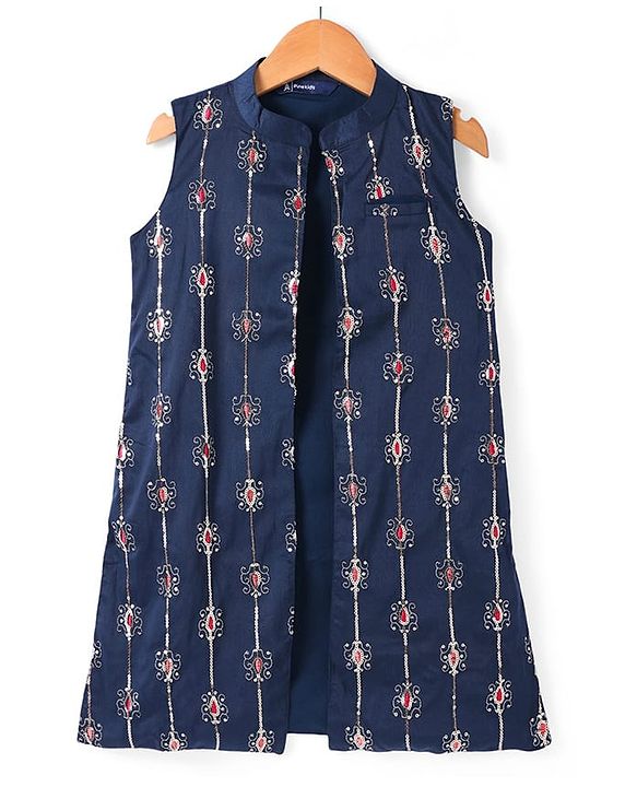 Pine Kids Woven Full Sleeves Sequin Embroidered Kurta Pyjama Set with Jacket - Navy Blue