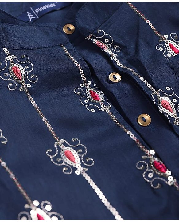 Pine Kids Woven Full Sleeves Sequin Embroidered Kurta Pyjama Set with Jacket - Navy Blue