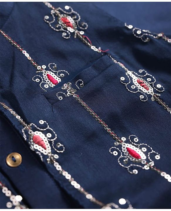 Pine Kids Woven Full Sleeves Sequin Embroidered Kurta Pyjama Set with Jacket - Navy Blue