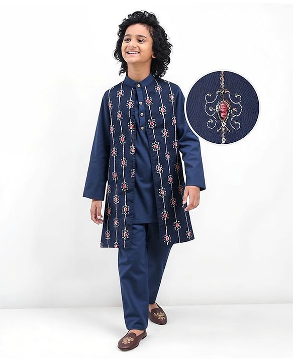 Pine Kids Woven Full Sleeves Sequin Embroidered Kurta Pyjama Set with Jacket - Navy Blue