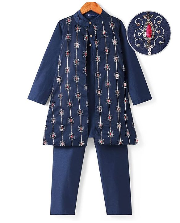 Pine Kids Woven Full Sleeves Sequin Embroidered Kurta Pyjama Set with Jacket - Navy Blue
