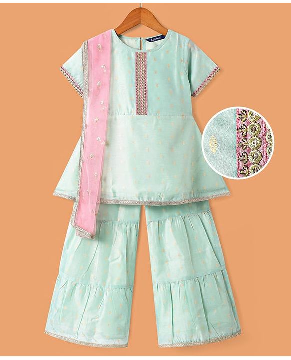 Pine Kids Woven Half Sleeveless Embroidered Kurti & Gharara Set with Dupatta - Aqua Blue