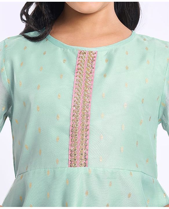 Pine Kids Woven Half Sleeveless Embroidered Kurti & Gharara Set with Dupatta - Aqua Blue